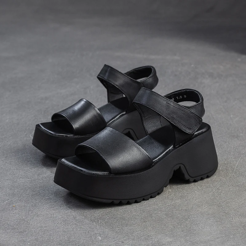 Women Retro Plain Leather Chunky Platform Sandals