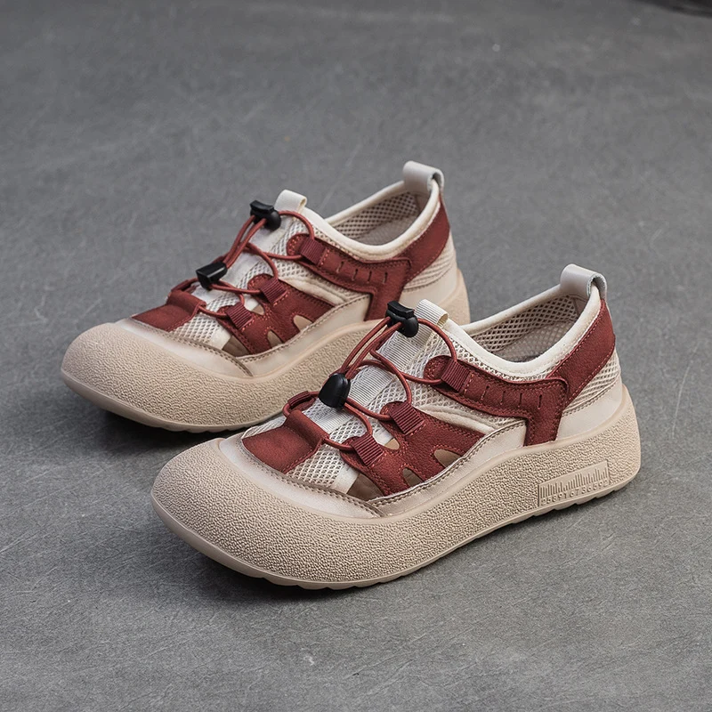 Women Hollow Mesh Leather Elastic Lace Casual Shoes