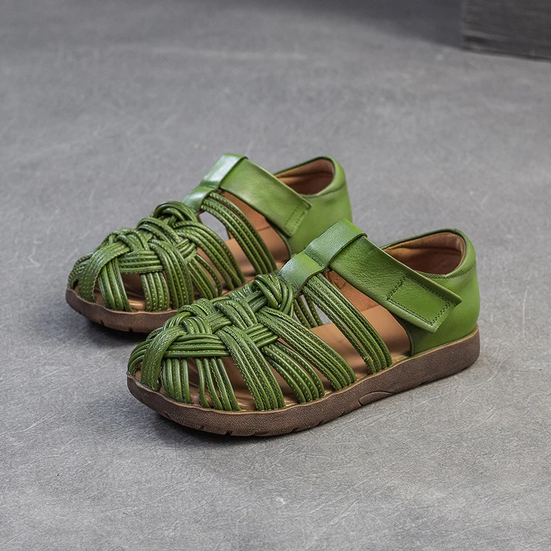 Women Retro Round Head Plaited Leather Casual Sandals