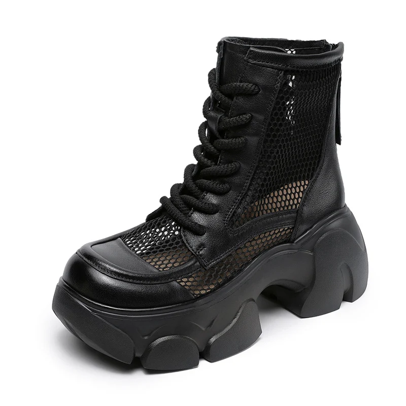 Women Casual Plain Hollow Mesh Leather Platform Boots