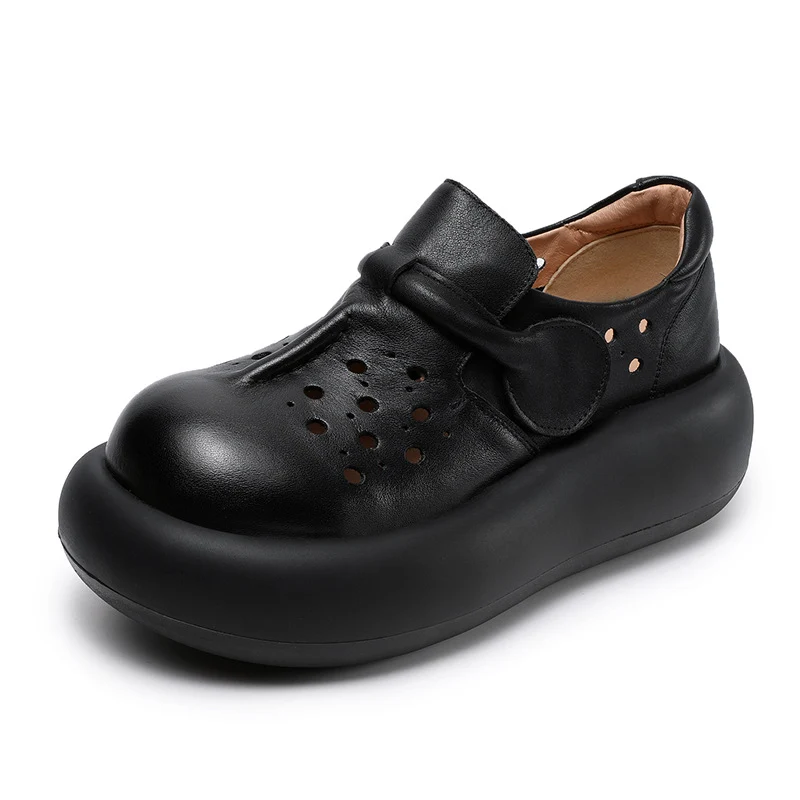 Women Retro Hollow Plain Leather Platform Casual Shoes