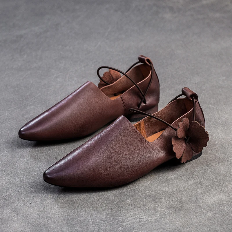 Women's Retro Plain Soft Leather Pointed-Toe Flats