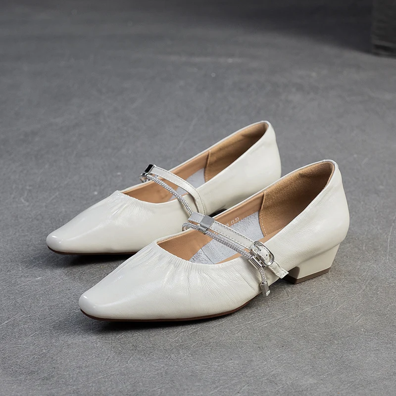 Women's Genuine Leather Pointed-Toe Low Block Pumps