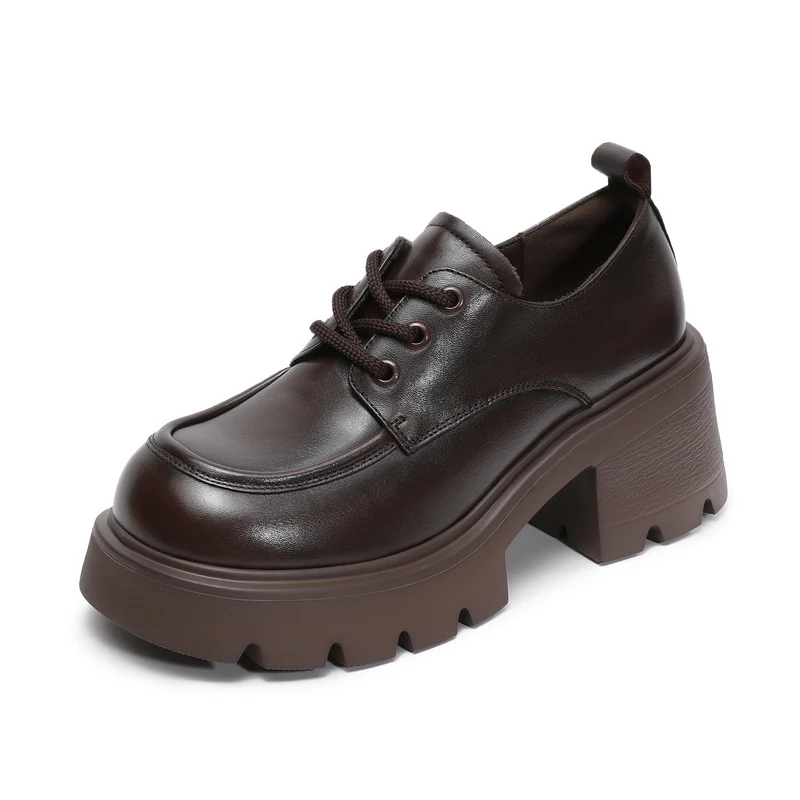 Women's Leather Lace-up Chunky Heel Loafers