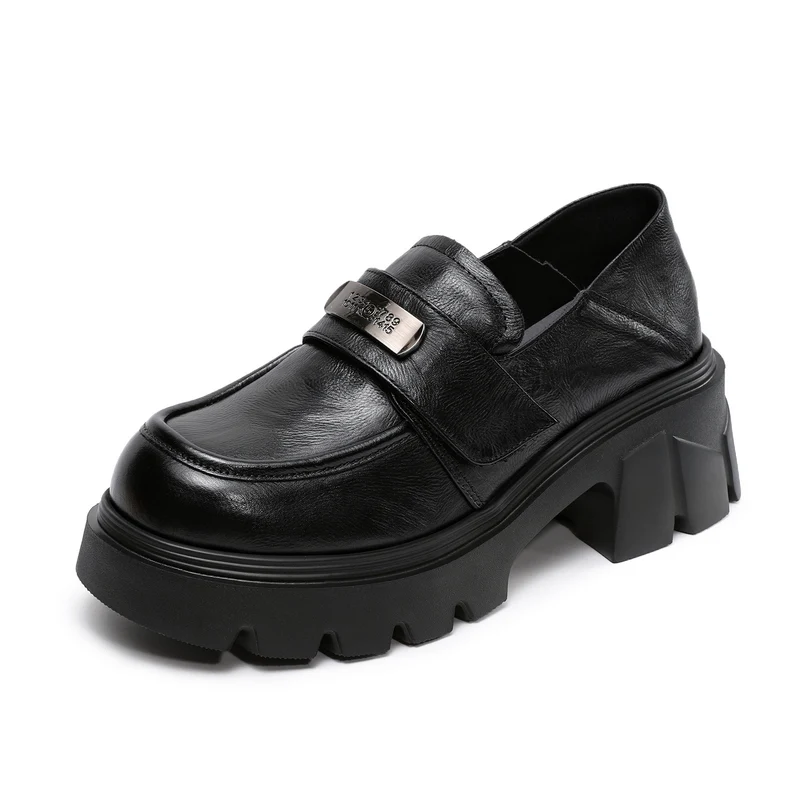 Women's Vintage Leather Metal Buckle Platform Loafers