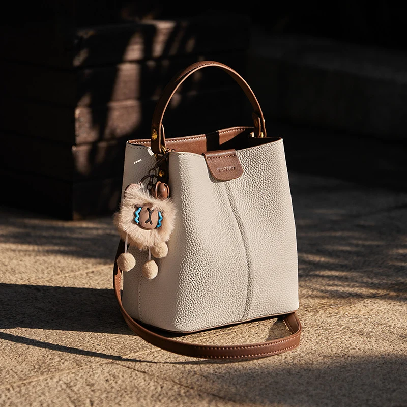 Women's Stylish Casual Leather Bucket Bag with Charm