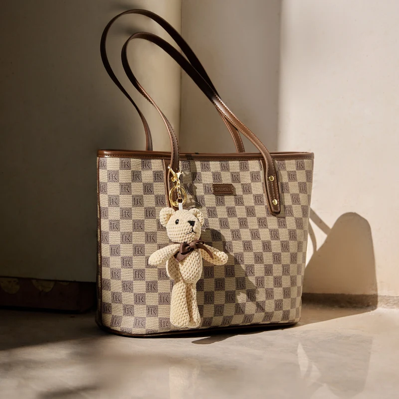 Women's Stylish Checkered Tote Bag with Bear Charm
