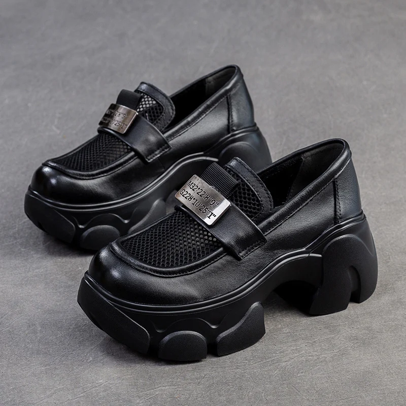 Women Hollow Mesh Leather Chunky Platform Loafers