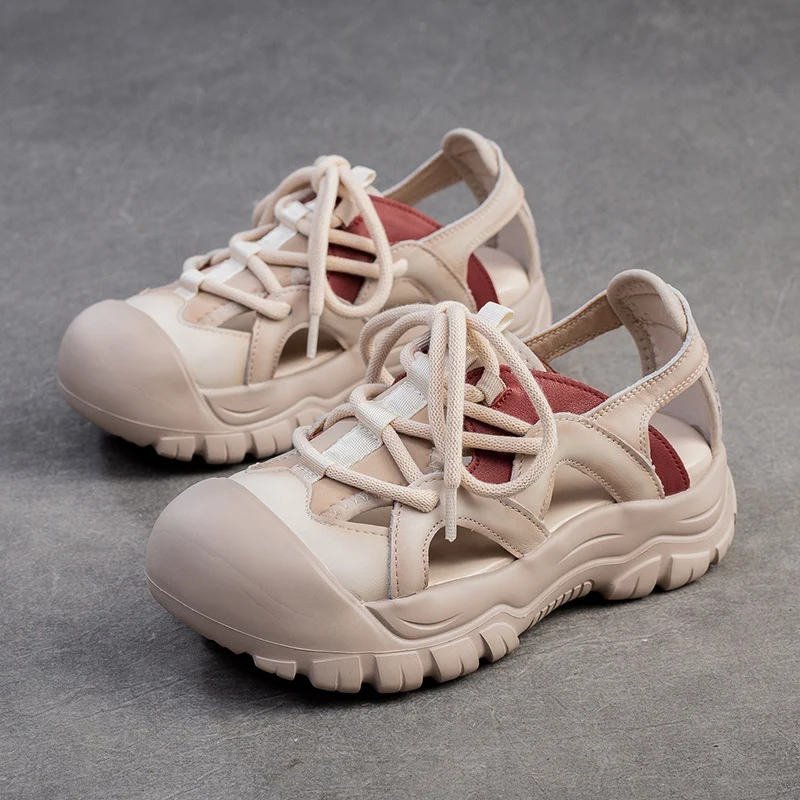 Women Retro Leather Round Head Summer Sandals