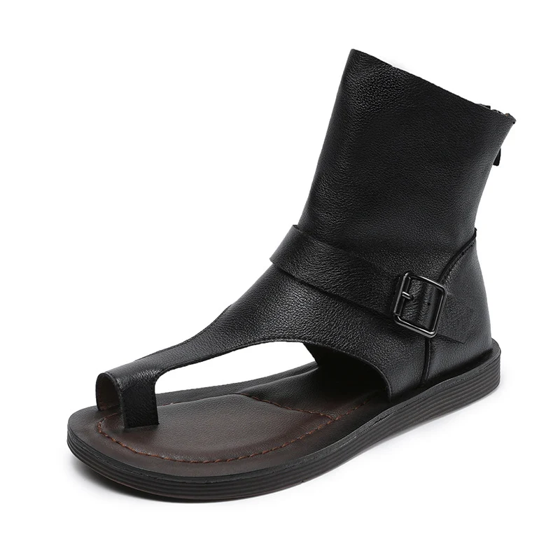 Women Retro Plain Leather High Top Flip-Flops Sandals
