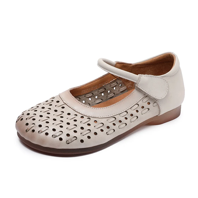 Women Retro Plain Hollow Leather Low Top Flats