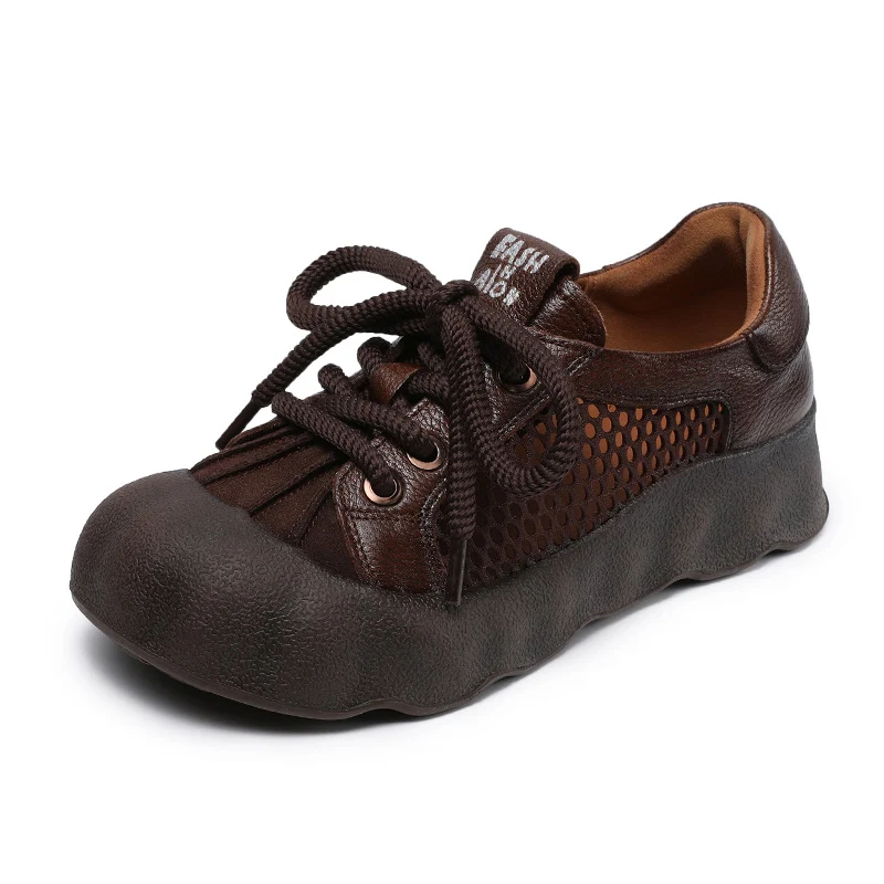 Women Vintage Leather Hollow Mesh Casual Shoes