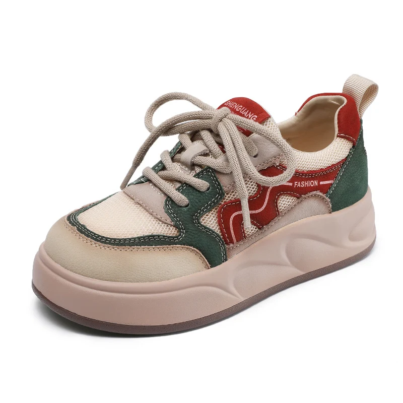 Women Fashion Patchwork Leather Mesh Flat Sneakers