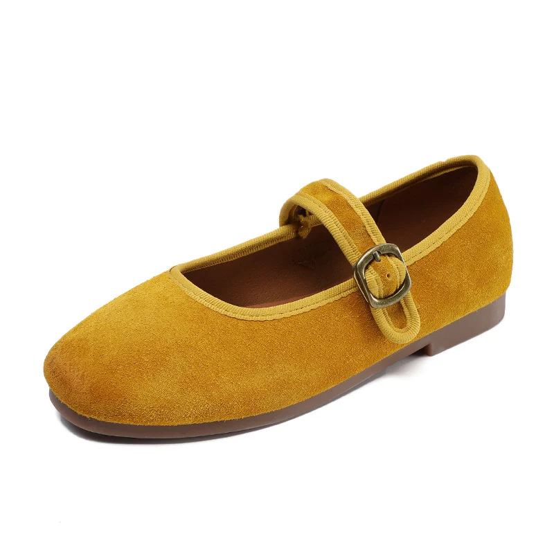 Women Retro Plain Suede Buckle Soft Flats