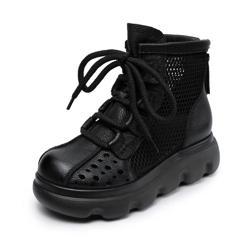 Women Plain Hollow Leather Mesh Platform Boots