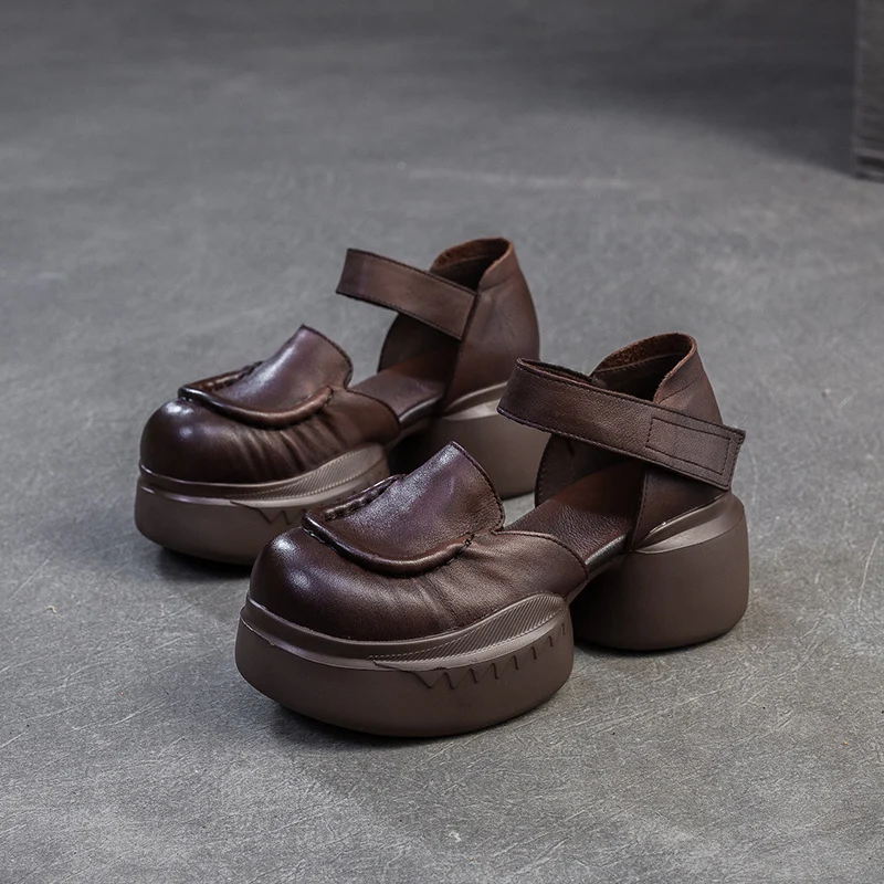 Women Retro Plain Leather Round Head Chunky Platform Sandals