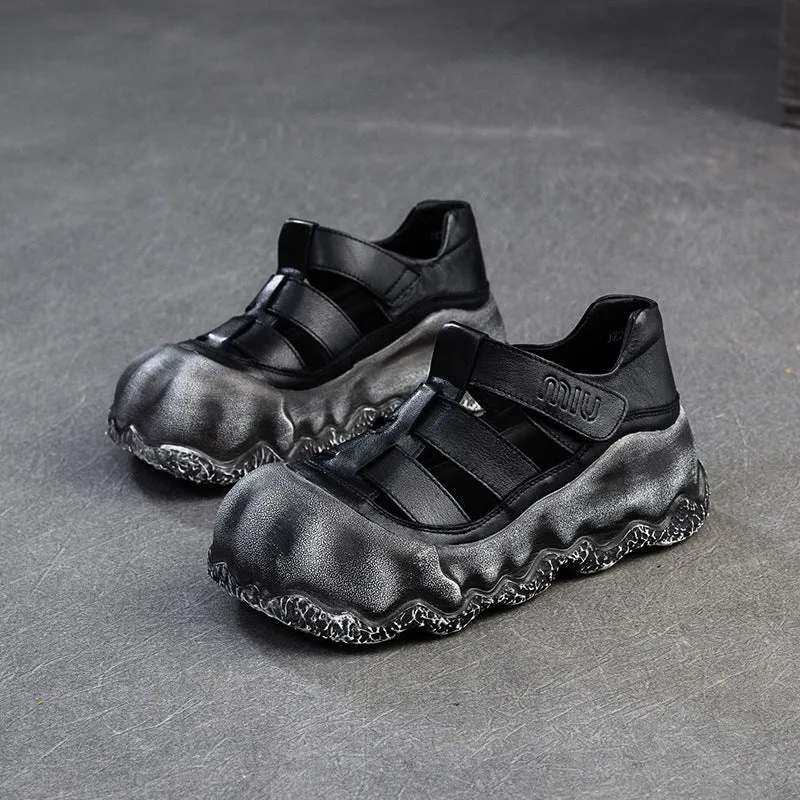 Women Vintage Hollow Leather Thick Soled Casual Sandals