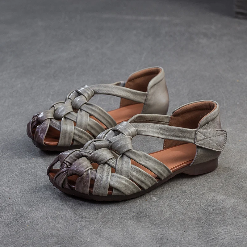 Women Vintage Plaited Leather Velcro Flat Sandals