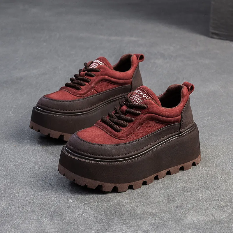 Women Retro Leather Chunky Platform Casual Shoes