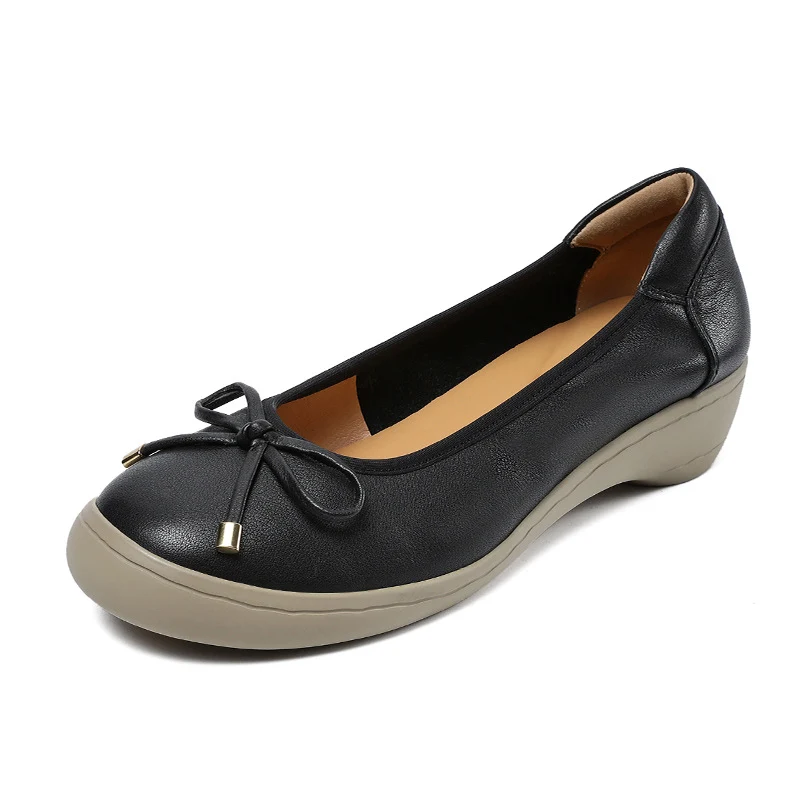 Women Solid Leather Low Wedge Bowknot Casual Shoes