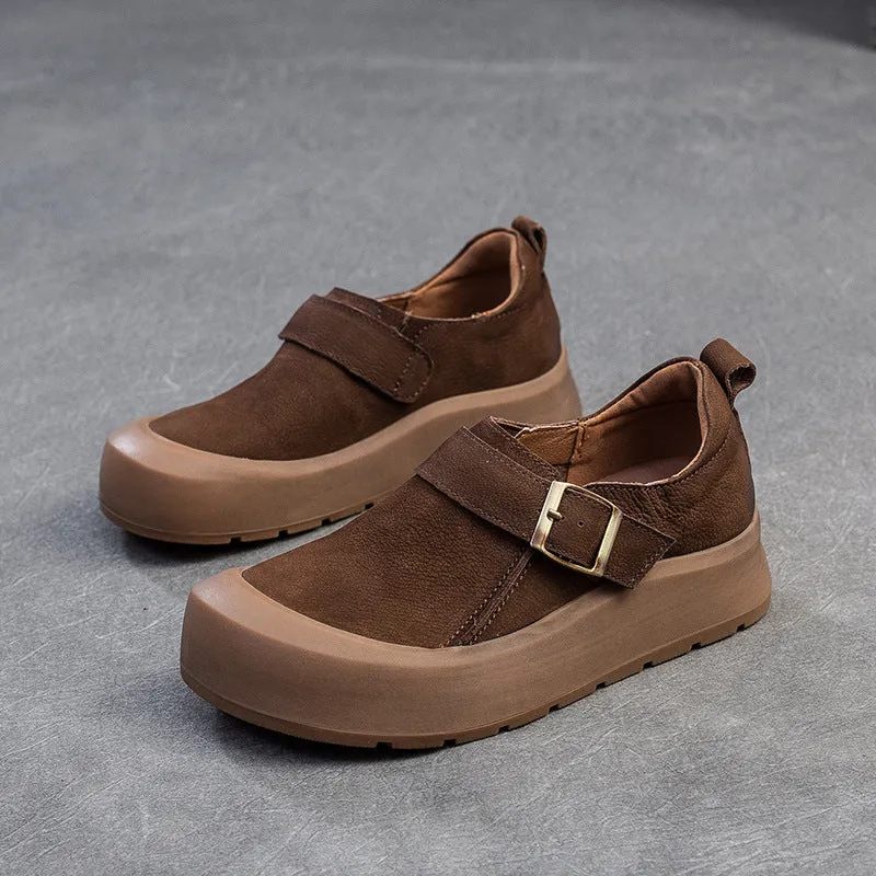 Women Vintage Solid Leather Flat Casual Shoes