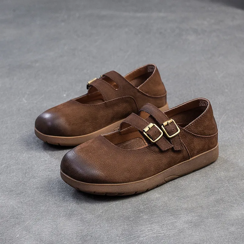 Women Vintage Solid Leather Flat Soft Casual Shoes