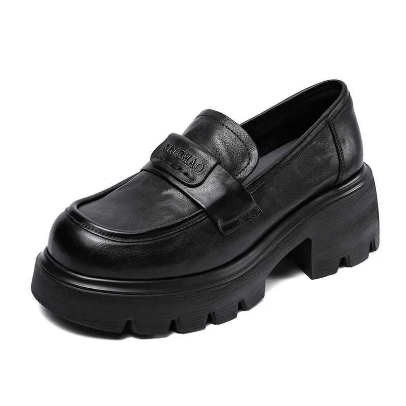 Women Minimalism Solid Leather Chunky Heel Loafers
