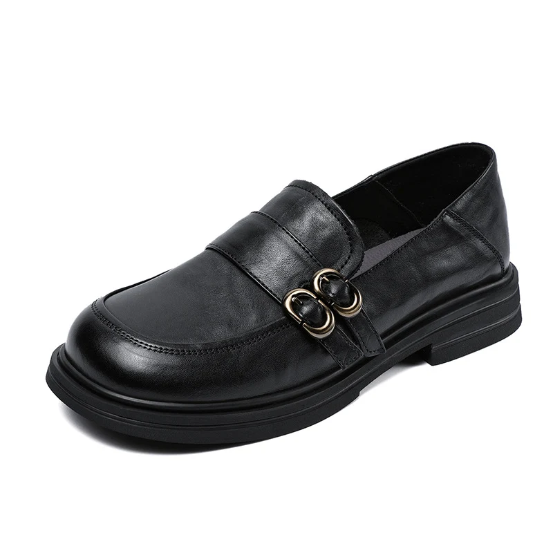 Women Retro Solid Leather Buckle Flat Loafers