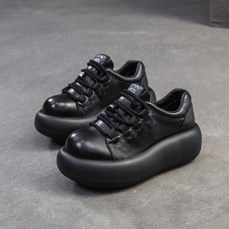 Women Retro Solid Leather Thick Soled Casual Shoes