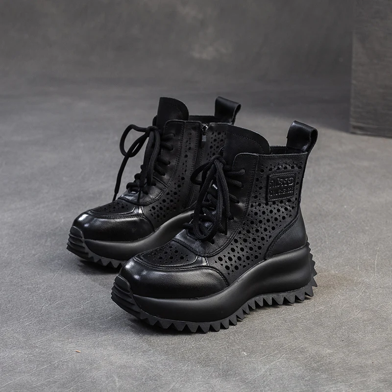Women Retro Hollow Leather Thick Lug Sole Boots