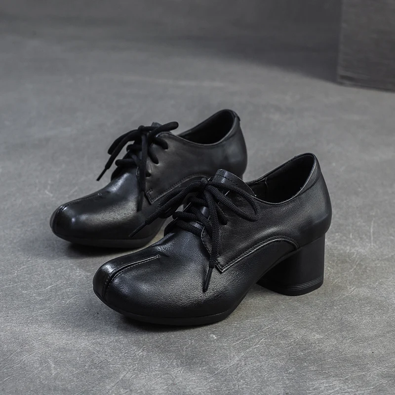 Women Retro Solid Leather Chunky Heel Pumps