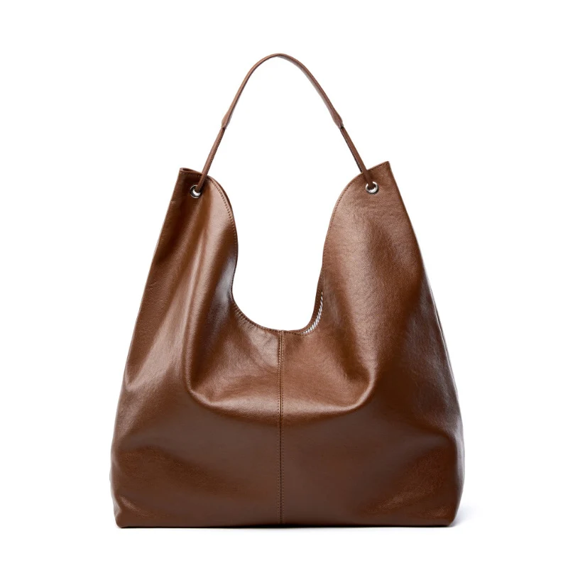 Women Minimalism Solid Soft Cowhide Shoulder Tote Bag