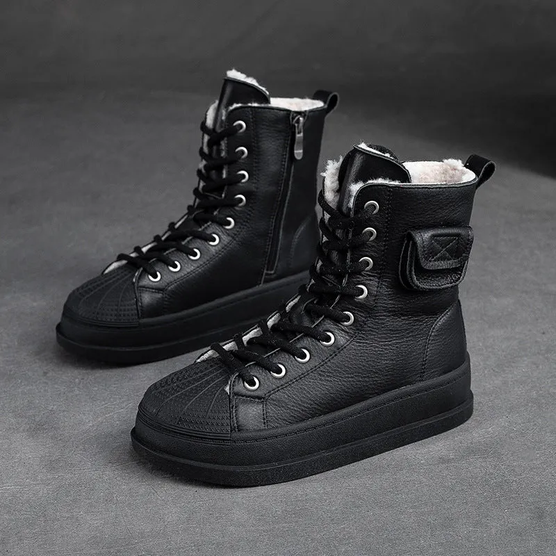 Women Winter Solid Leather Furred Snow Boots