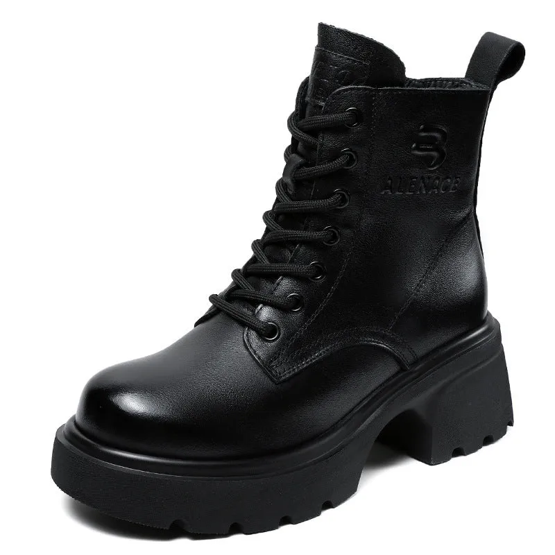 Women Vintage Solid Leather Fashion Platform Boots