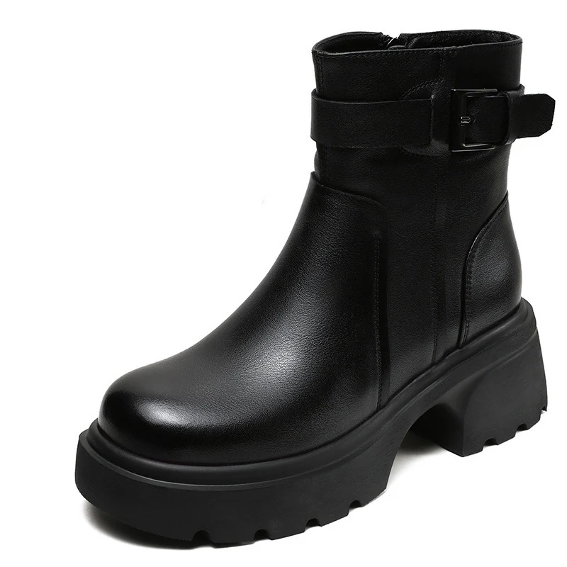 Women Retro Solid Leather Buckle Platform Boots