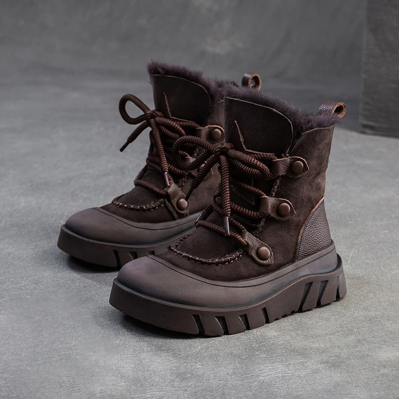 Women Retro Leather Casual Wool Snow Boots