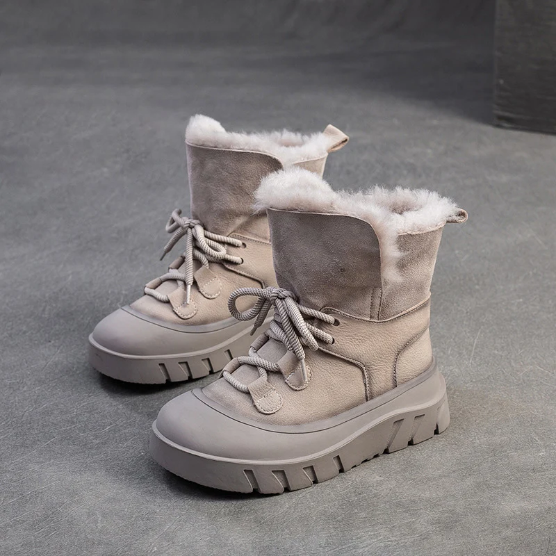 Women Solid Cowhide Warm Casual Woolen Snow Boots