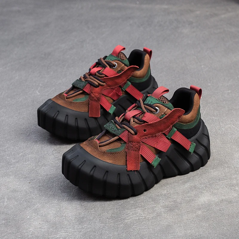 Women Retro Patchwork Leather Chunky Platform Sneakers