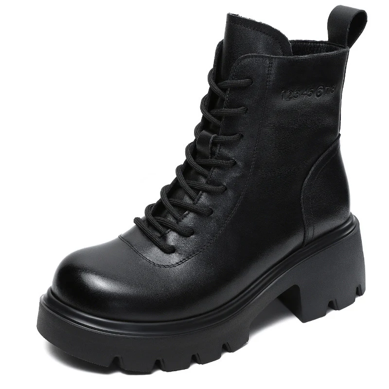 Women Vintage Solid Leather Thick Soled Boots