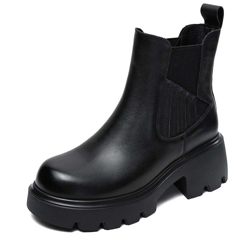 Women Vintage Solid Leather Platform Casual Boots