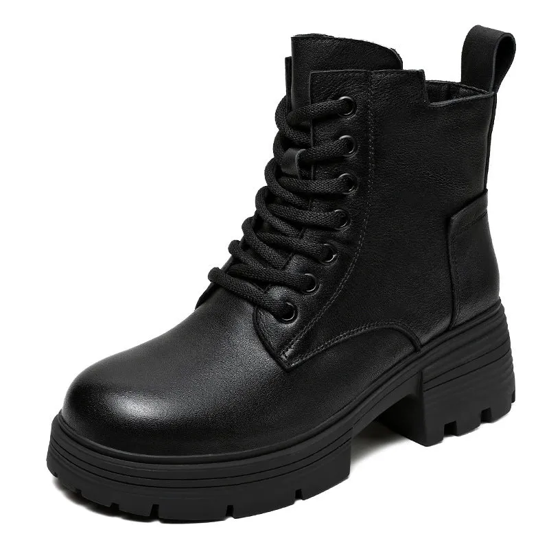 Women Retro Solid Leather Chunky Heel Boots