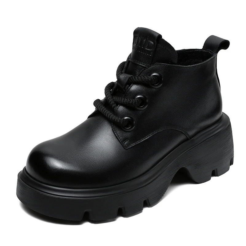 Women Retro Solid Leather Ankle Wedge Boots