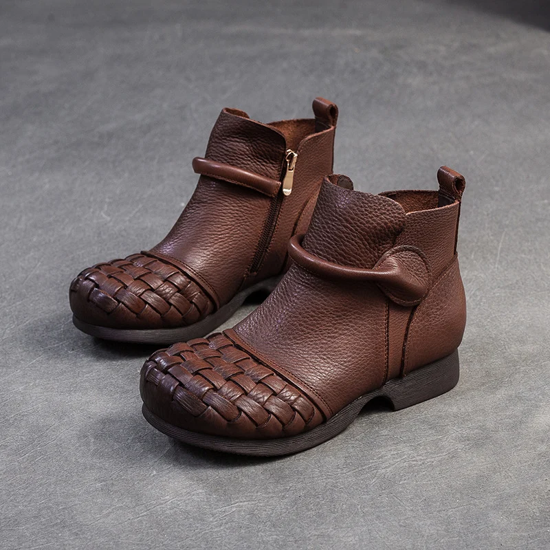 Women Retro Plaited Cowhide Soft Ankle Boots