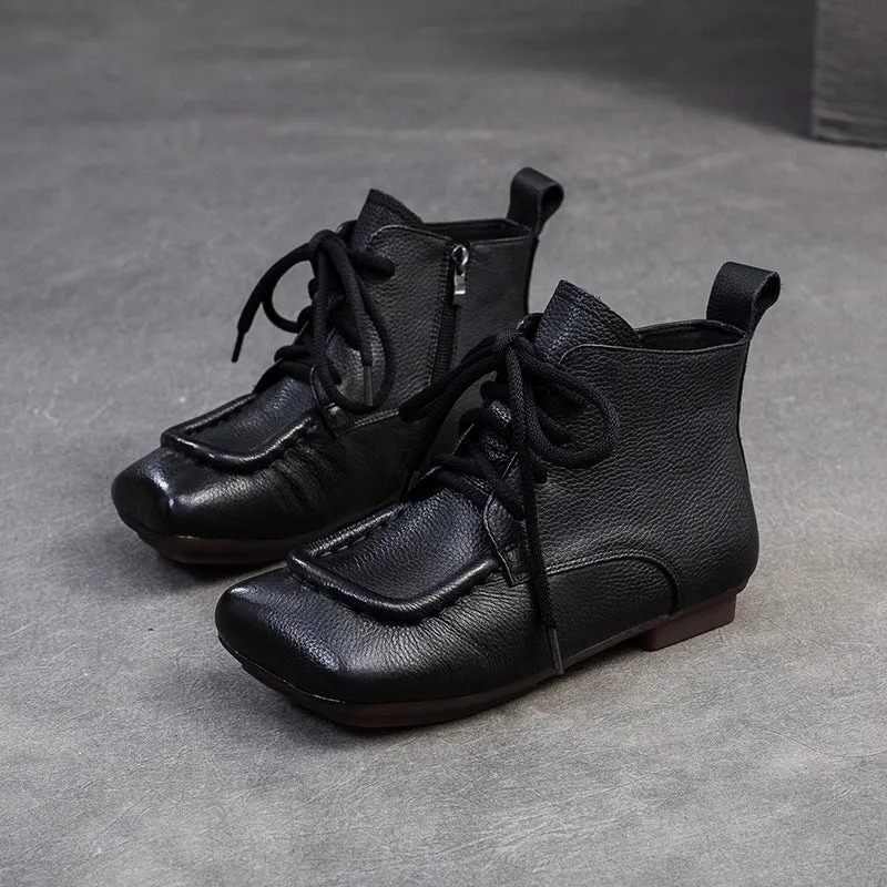 Women Solid Leather Work Soft Flat Ankle Boots
