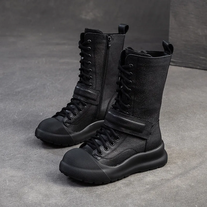 Women Retro Soft Leather Platform Mid-Calf Boots