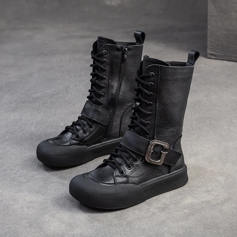 Women Solid Leahter Retro Soft Riding Boots