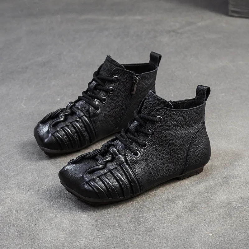Women Retro Plaited Leather Soft Flat Ankle Boots