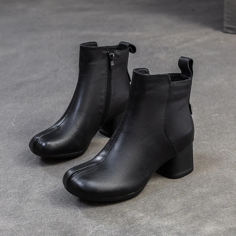 Women Retro Leather Chunky Heel Ankle Boots