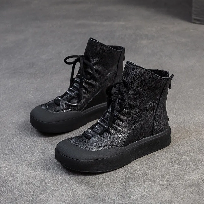 Women Retro Solid Leather Back Zipper Boots