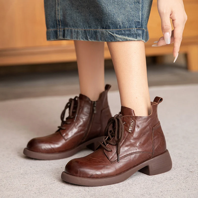 Women Retro Leather Low Block Ankle Boots